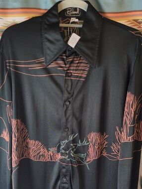 Roland Black Shirt with Coral and Teal Graphic